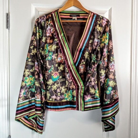 Y Apparel Brown Multicolor Floral Kimono Wrap Top - Picture 1 of 4